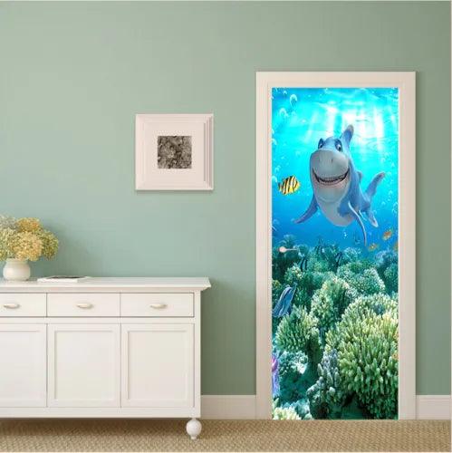 3D Underwater Fishes Poster Bedroom Wall Murals Self-adhesive Door Sticker - Furniture4Design