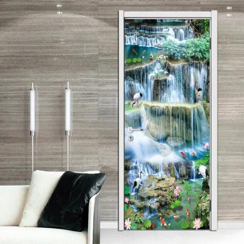 3D Waterfall Fishes Self-adhesive Door Sticker Wall Murals Wallpaper for Bedroom - Furniture4Design