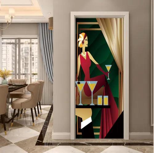 3D Woman Drinking Wine Painting Self-adhesive Bedroom Door Stickers Wallpaper - Furniture4Design