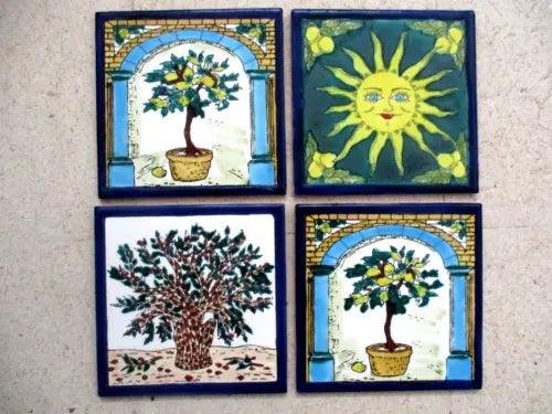 4 Hand painted tiles Lemon Olive Tree SUN Ceramic tile Art mural Backsplash - Furniture4Design