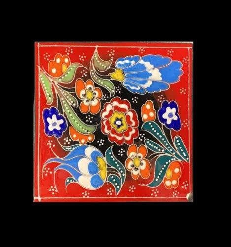 4 x 4 Inch Hand Painted Turkish Iznik Tulip & Floral Pattern Ceramic Tile #27 - Furniture4Design