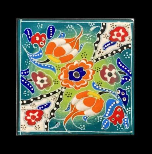 4 x 4 Inch Hand Painted Turkish Iznik Tulip & Floral Pattern Ceramic Tile #32 - Furniture4Design