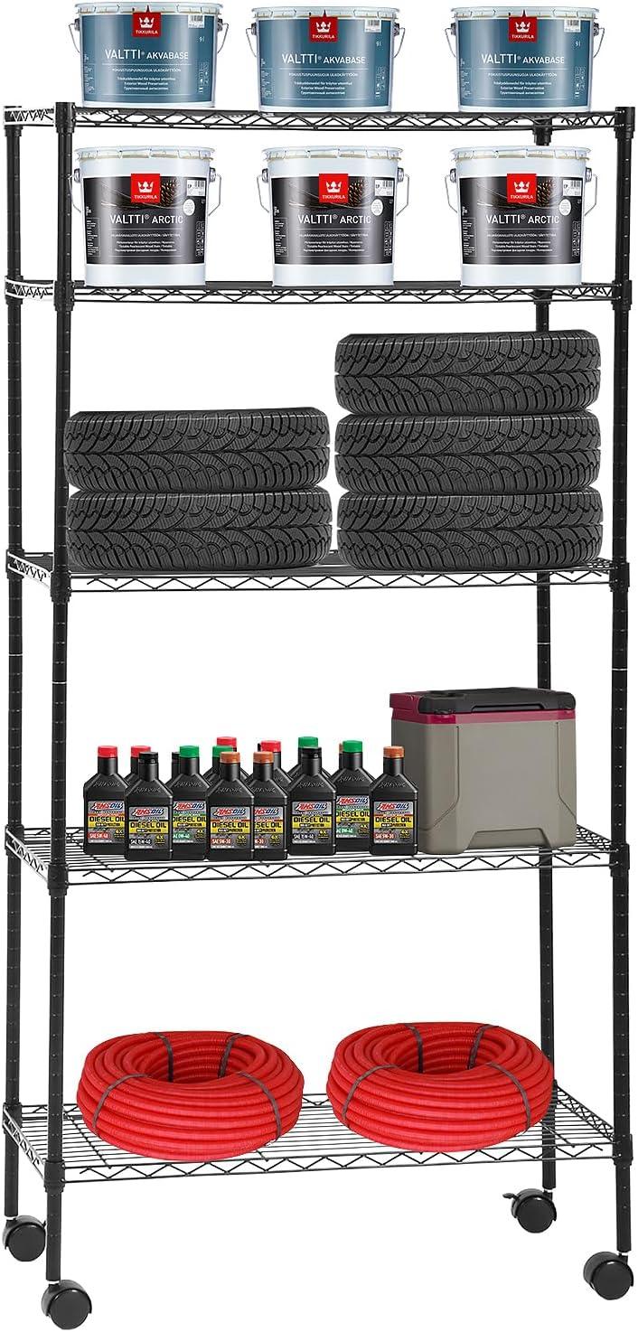 5-Tier Steel Wire Shelving Unit with Adjustable Shelves and Wheels - Furniture4Design