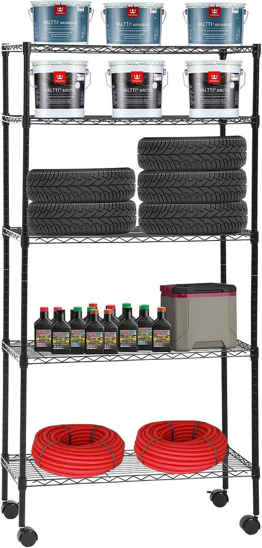 5-Tier Steel Wire Shelving Unit with Adjustable Shelves and Wheels - Furniture4Design