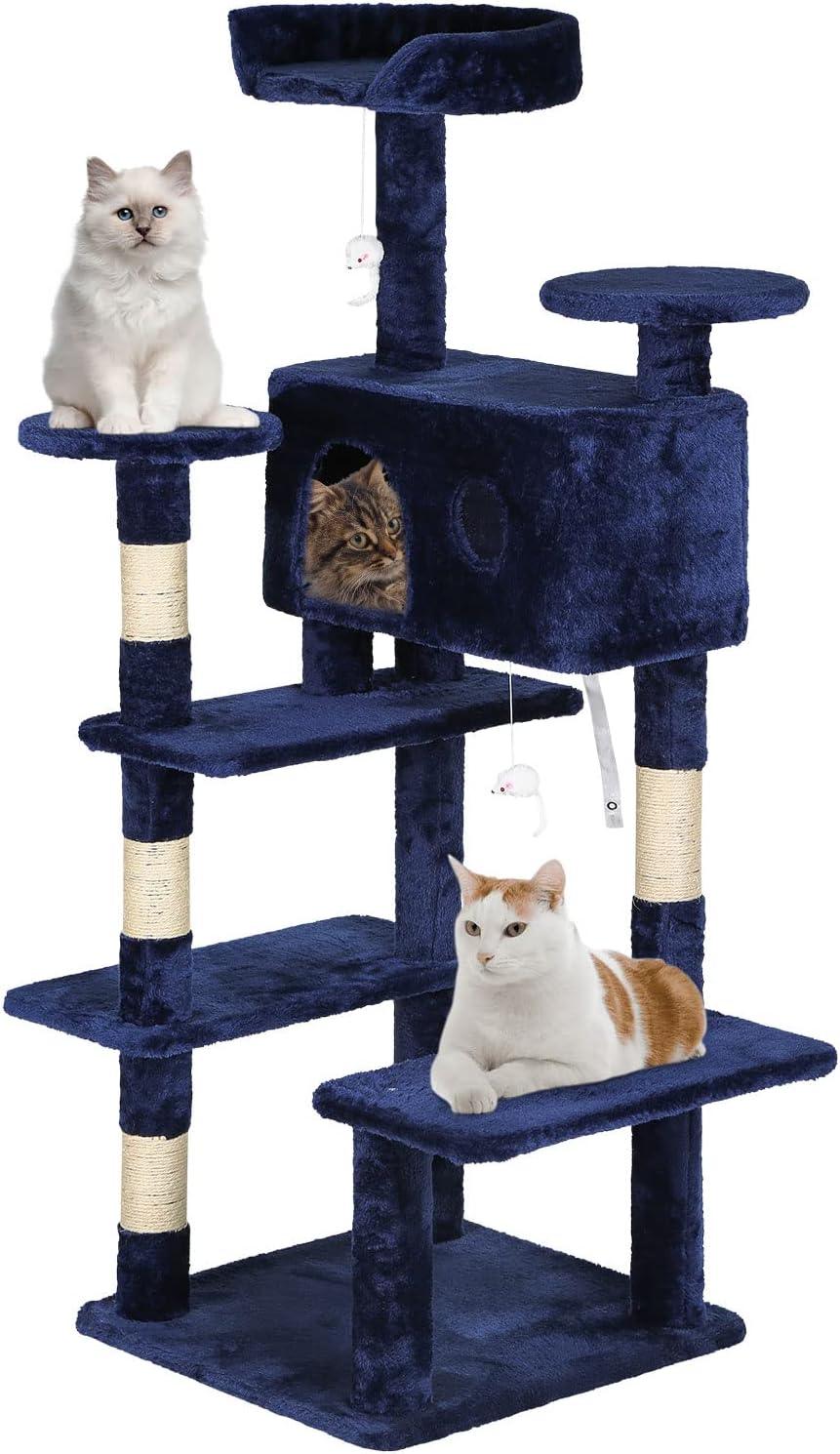 54in Navy Blue Cat Tree Tower with Scratching Post and Cozy Condo - Furniture4Design