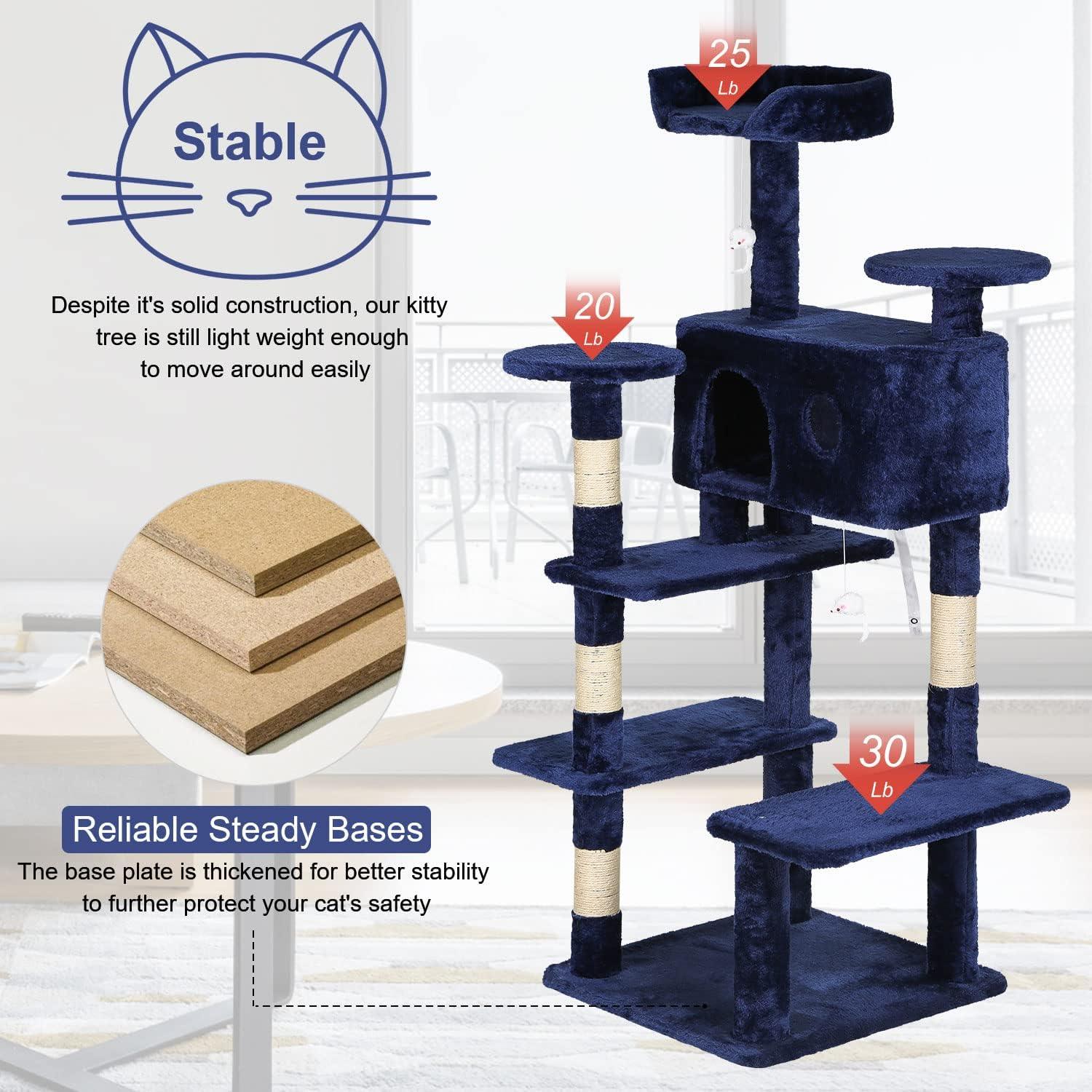 54in Navy Blue Cat Tree Tower with Scratching Post and Cozy Condo - Furniture4Design