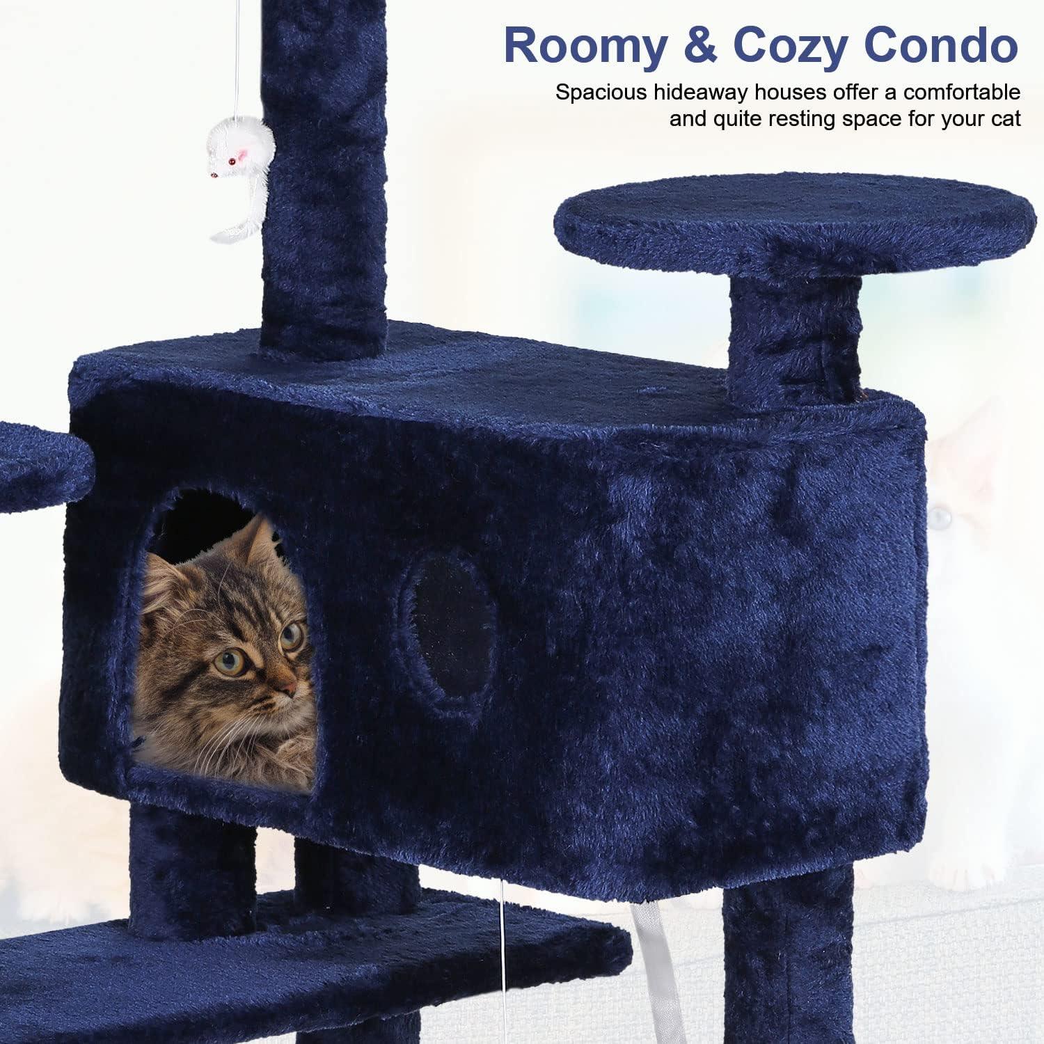 54in Navy Blue Cat Tree Tower with Scratching Post and Cozy Condo - Furniture4Design