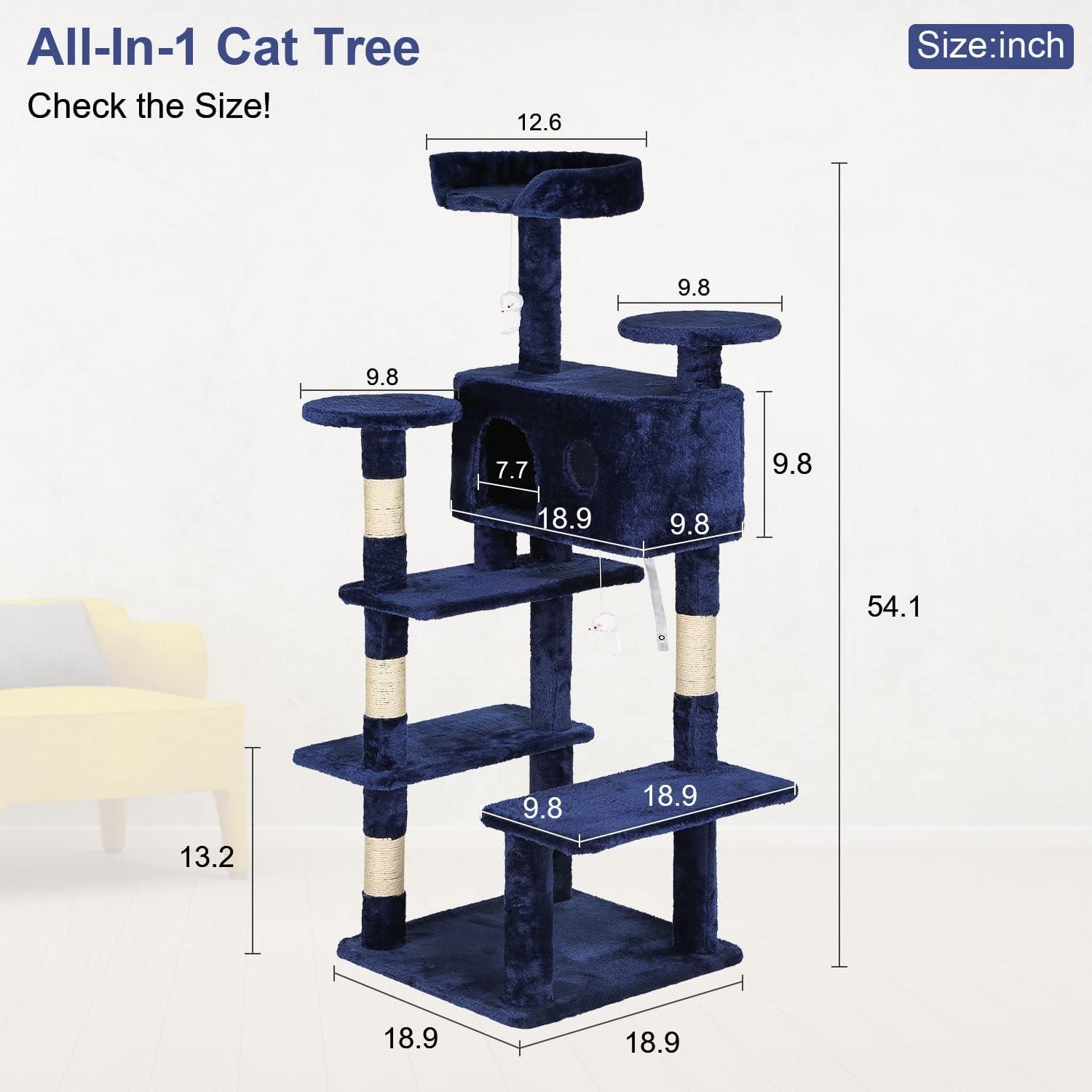 54in Navy Blue Cat Tree Tower with Scratching Post and Cozy Condo - Furniture4Design