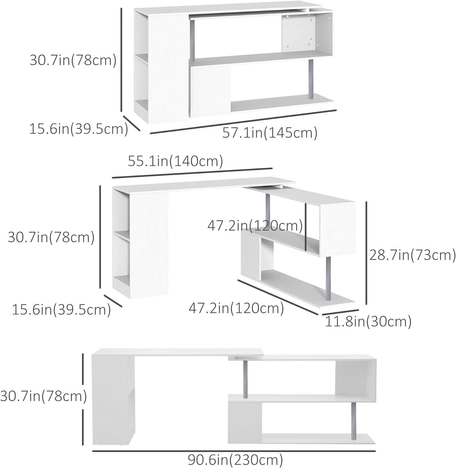 55 L-Shaped Desk with Rotating Corner Design and 3-Tier Storage Shelves, White - Furniture4Design