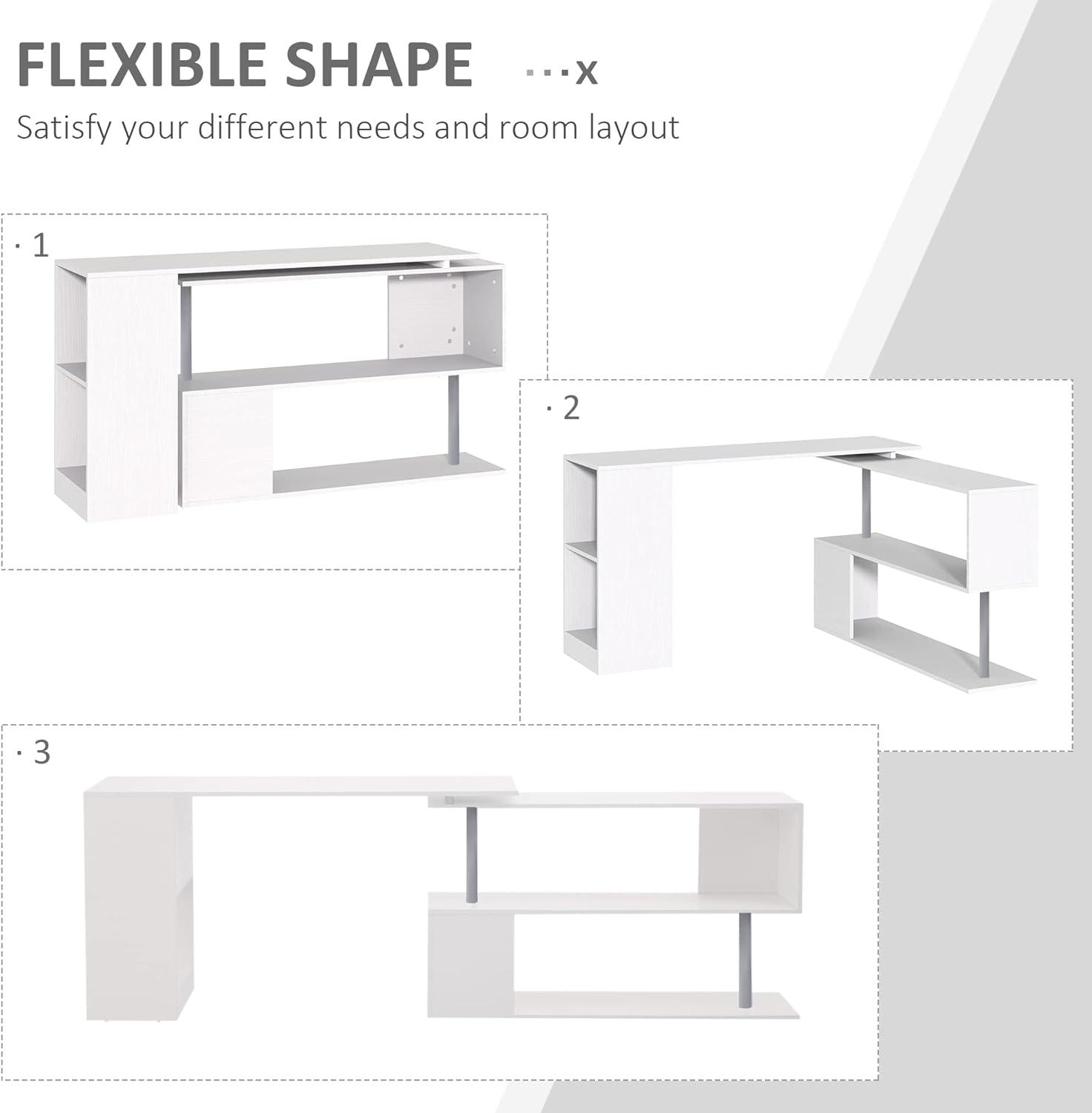 55 L-Shaped Desk with Rotating Corner Design and 3-Tier Storage Shelves, White - Furniture4Design