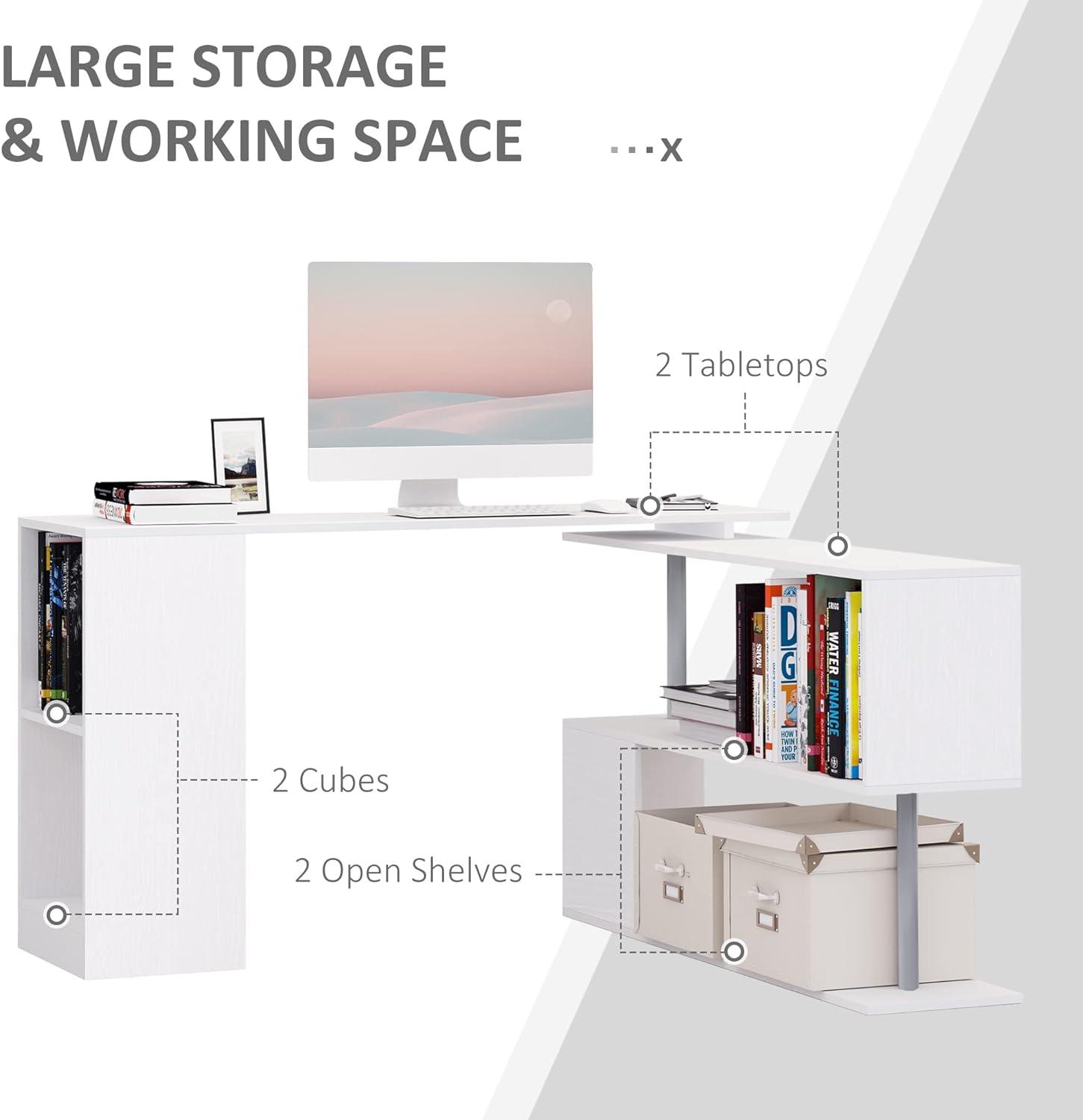 55 L-Shaped Desk with Rotating Corner Design and 3-Tier Storage Shelves, White - Furniture4Design