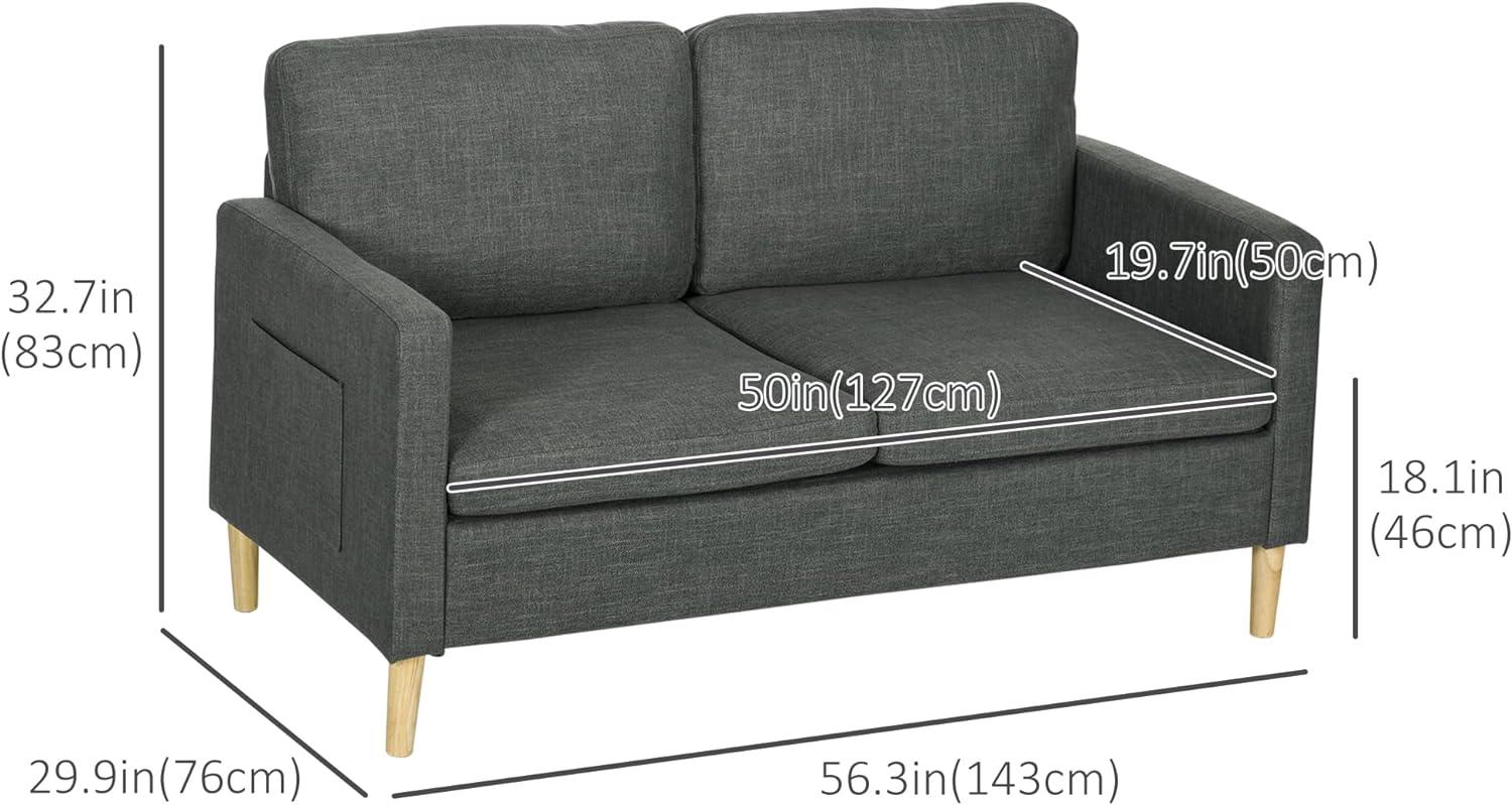 56 Loveseat Sofa for Bedroom with Side Pockets, Grey - Furniture4Design