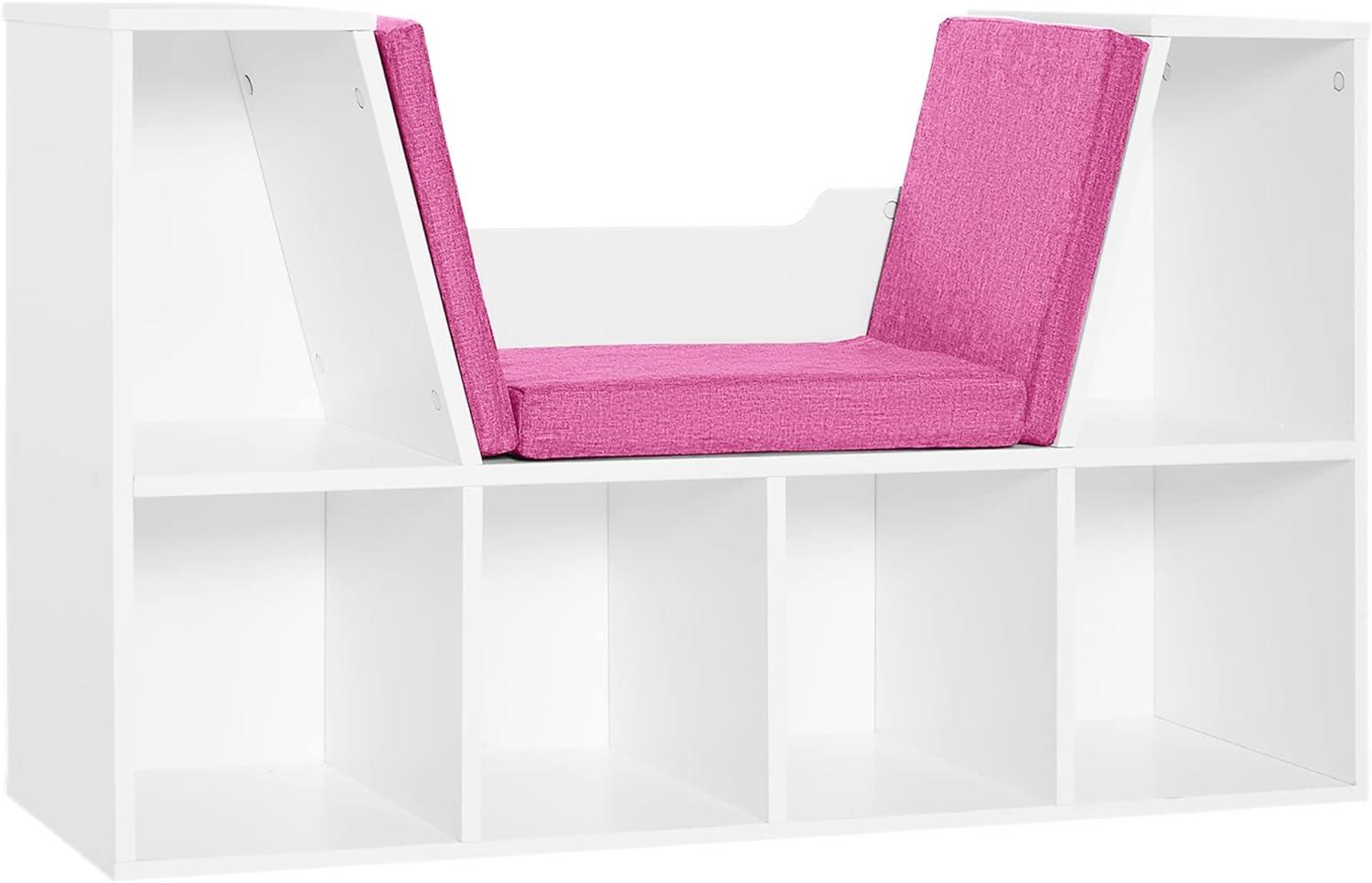 6-Cubby Kids Bookcase with Seat Cushion, Corner Bookcase with Reading Nook - Pink - Furniture4Design