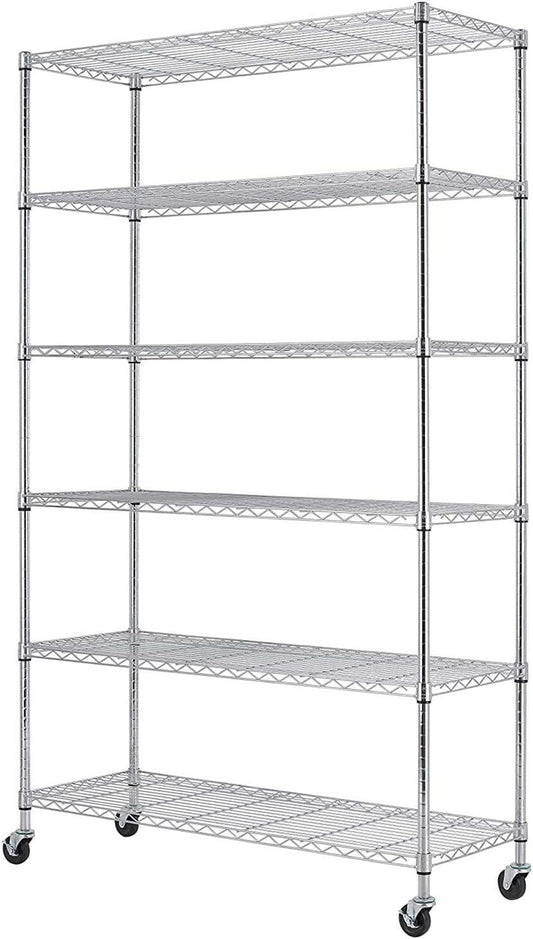 Adjustable 6-Tier Metal Wire Shelving Unit with Wheels - 48x18x82 inch Heavy Duty Storage Rack - Furniture4Design