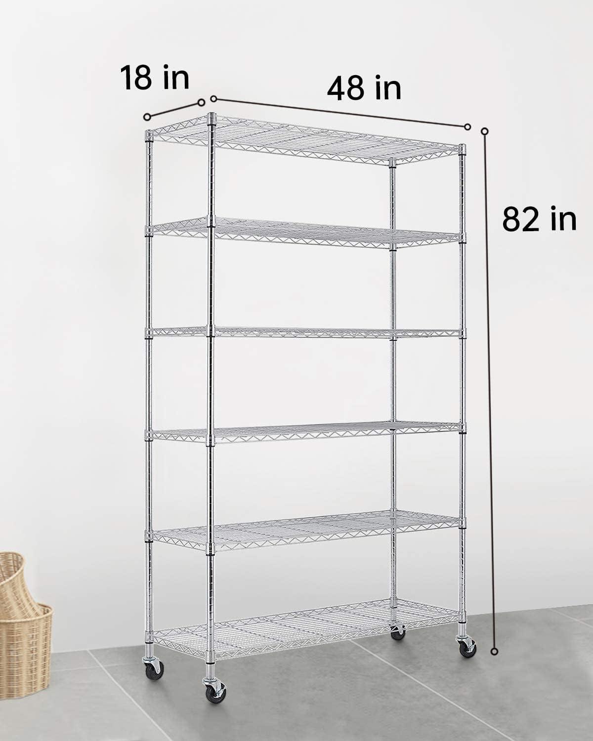 Adjustable 6-Tier Metal Wire Shelving Unit with Wheels - 48x18x82 inch Heavy Duty Storage Rack - Furniture4Design