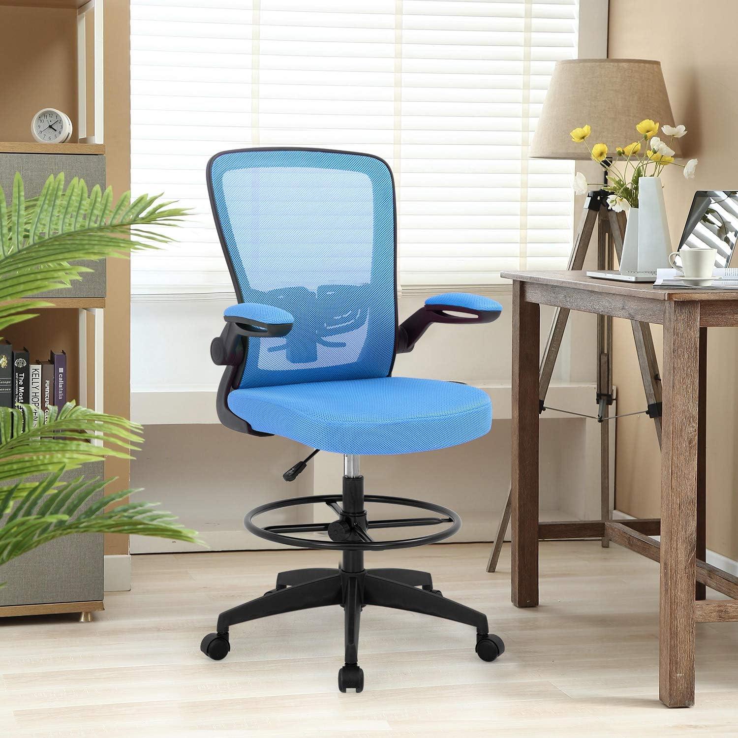 Adjustable Height Blue Drafting Chair with Lumbar Support and Footrest - Furniture4Design