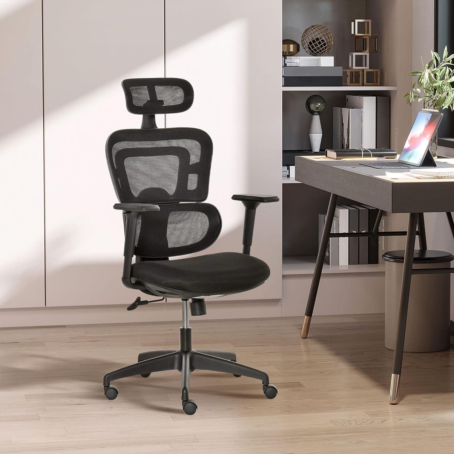 Adjustable High Back Mesh Office Chair with Lumbar Support and Headrest, Black - Furniture4Design