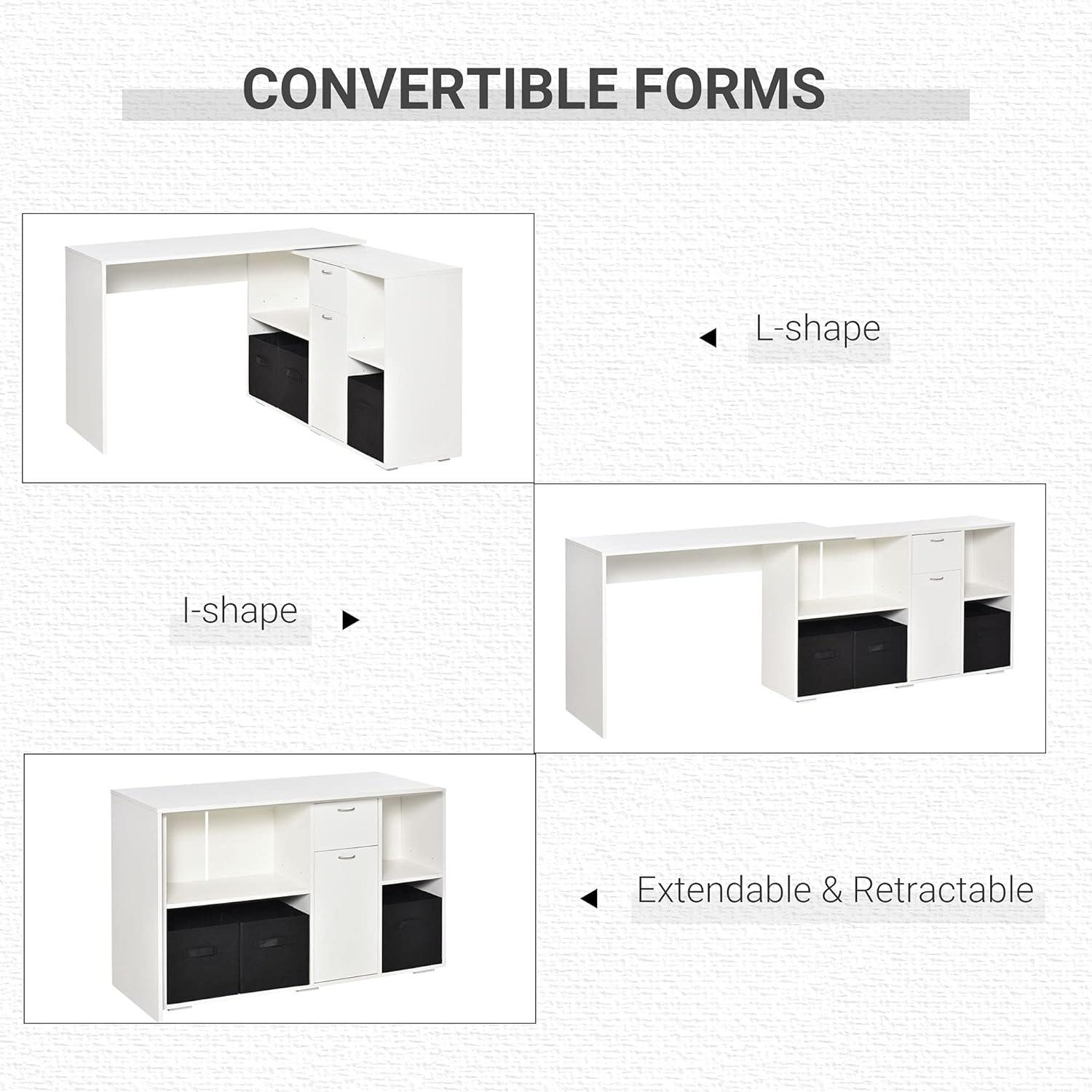 Adjustable L-Shape Computer Desk White with Convertible Workspace - Furniture4Design