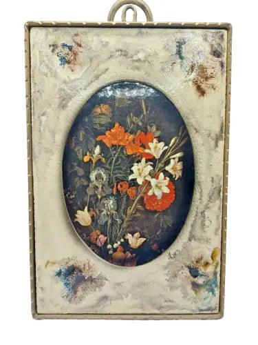 Antique France Hand painted Floral Ceramic Tile Solid Brass Frame Wall Art... - Furniture4Design