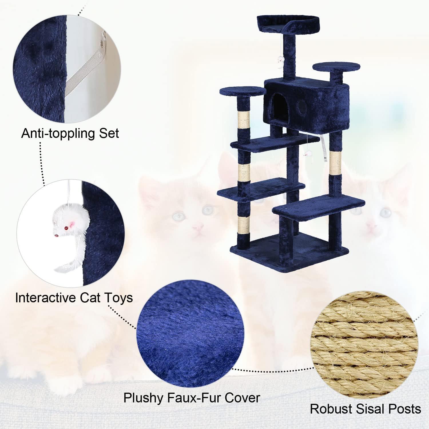 BestPet 54in Cat Tree Tower with Cozy Condo and Scratch Post, Navy Blue - Furniture4Design