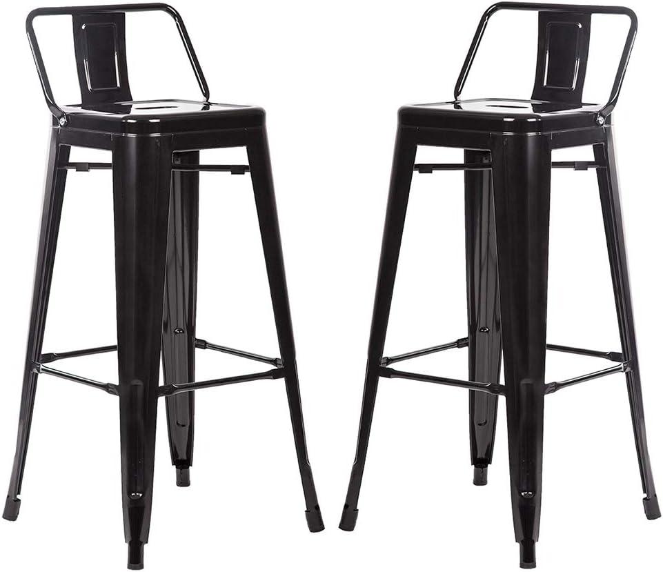 Black Metal Bar Stool Set of 2 with Adjustable Height and Low Backrest - Furniture4Design