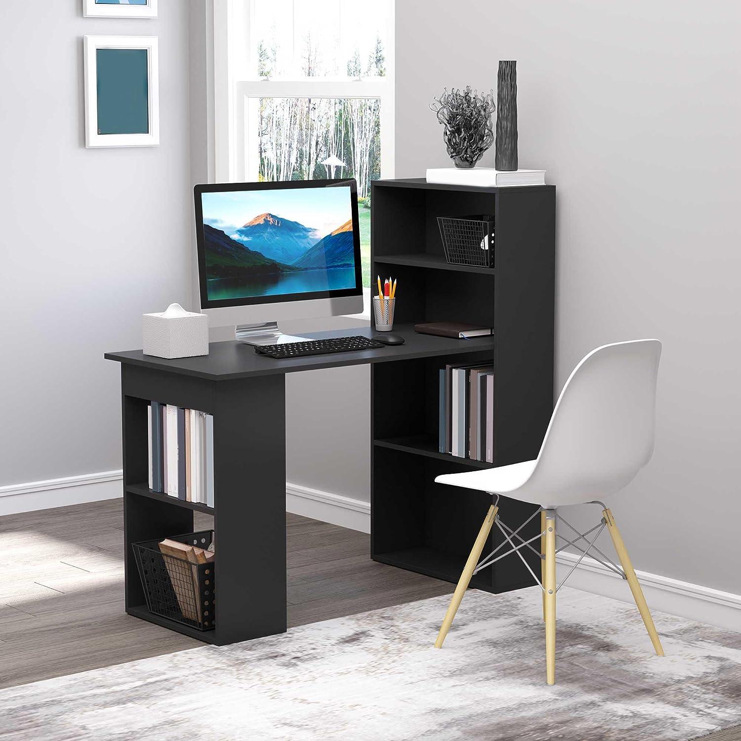 Black Modern Computer Desk with Storage Shelves and Bookshelf - Furniture4Design