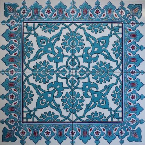 Blue 24"x24" Turkish Iznik Floral Pattern Raised Mural Ceramic Tile Panel - Furniture4Design