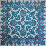 Blue 24"x24" Turkish Iznik Floral Pattern Raised Mural Ceramic Tile Panel - Furniture4Design