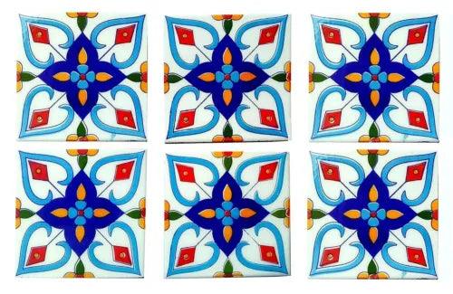 Blue Pottery Floral Decorative Mosaic Wall Tiles 4 x 4 Inch Set of 6 Tiles - Furniture4Design