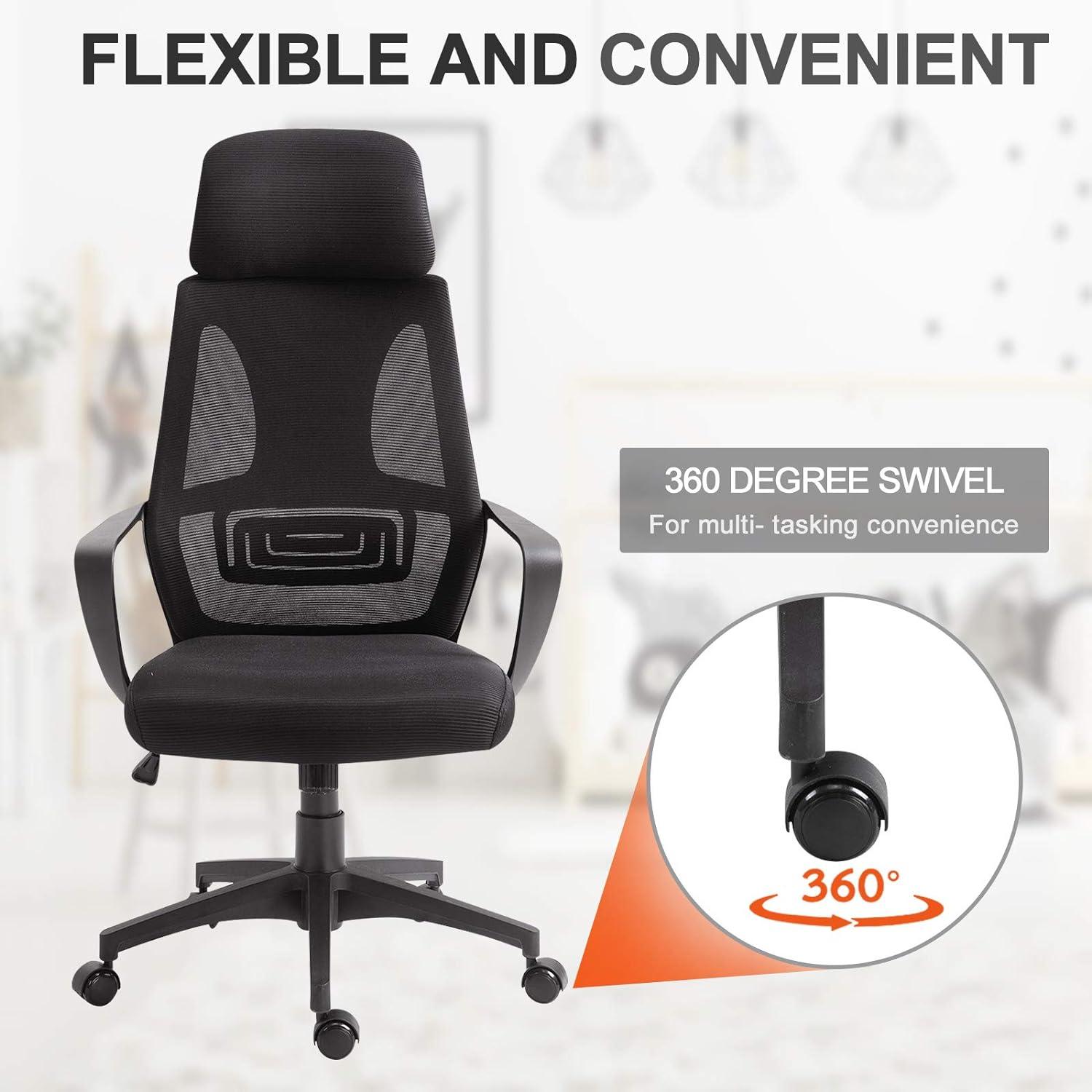 Breathable High Back Office Chair with Adjustable Headrest and Armrests, Ergonomic Black Mesh Desk Chair - Furniture4Design