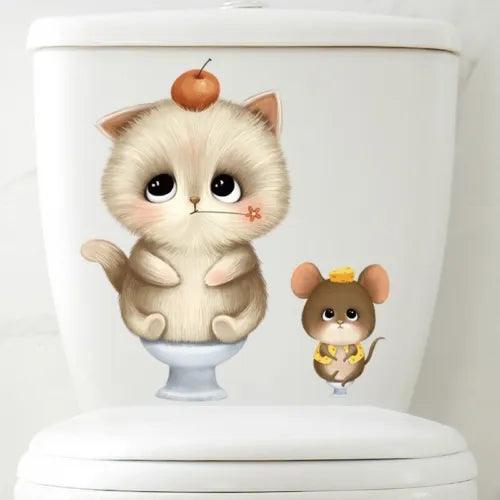 Cartoon Mouse Cat Sticker Toilet Seat Lid Decal Vinyl 3D Wall Art Bathroom Decor - Furniture4Design