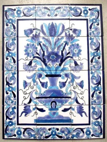 Ceramic tile art Mosaic wall mural Panel vase floral blue BACKSPLASH 18" x 24" - Furniture4Design