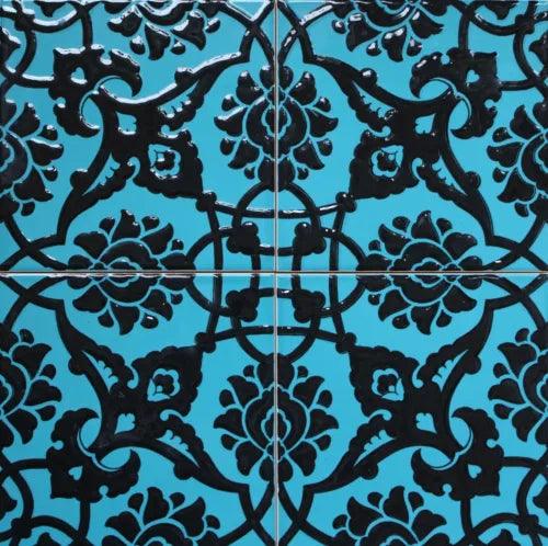 CLEARANCE 12 Black & Turquoise 8"x8" Turkish Iznik Floral Pattern Ceramic Tile - Furniture4Design