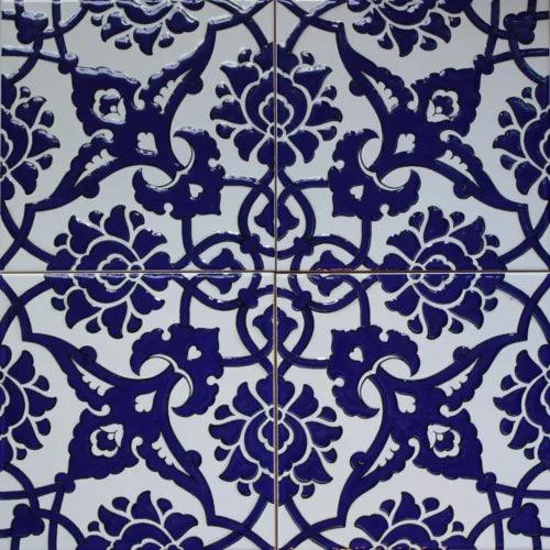 Cobalt Blue 16"x16" Turkish Ottoman Iznik Floral Pattern Ceramic Tile Set - Furniture4Design