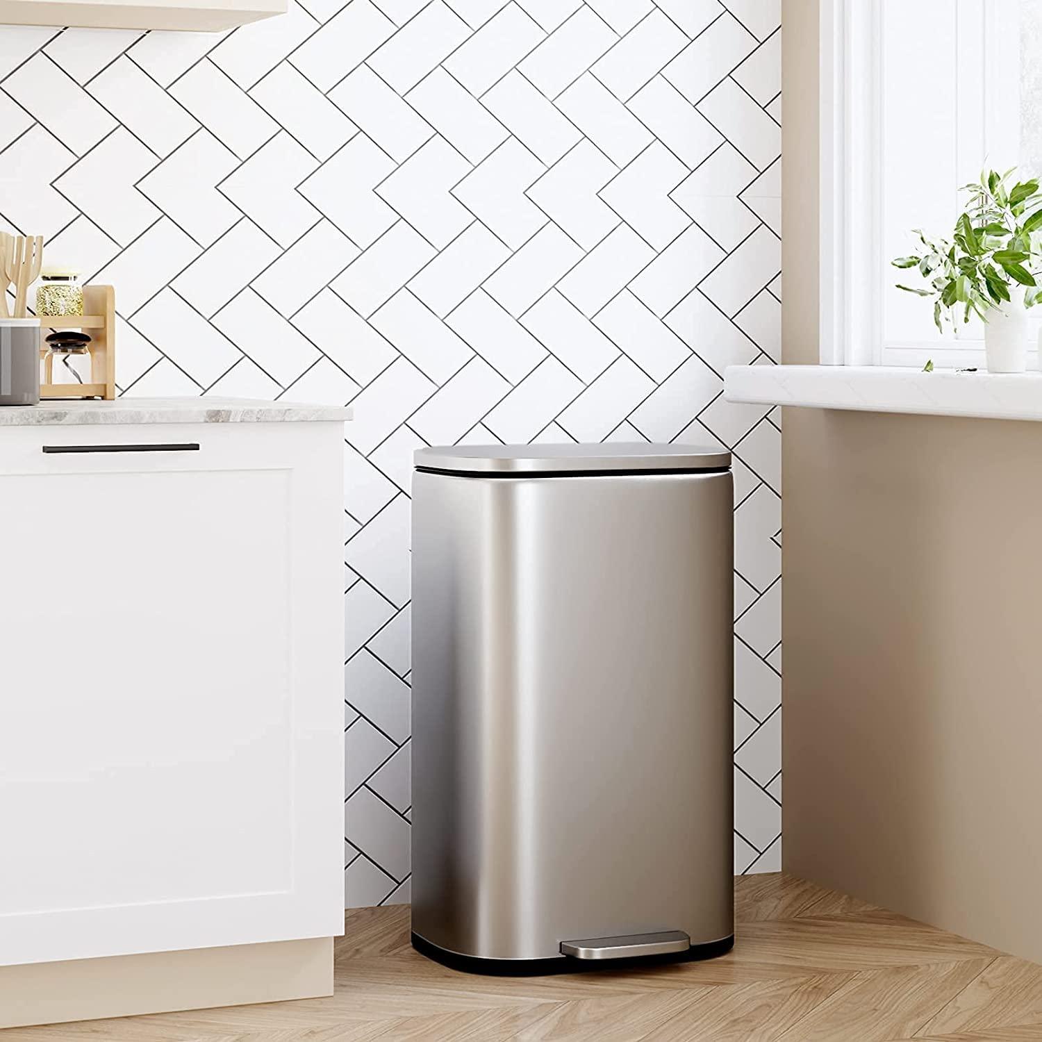 Contemporary 13.2 Gallon Stainless Steel Trash Can with Removable Inner Bucket and Pedal - Furniture4Design