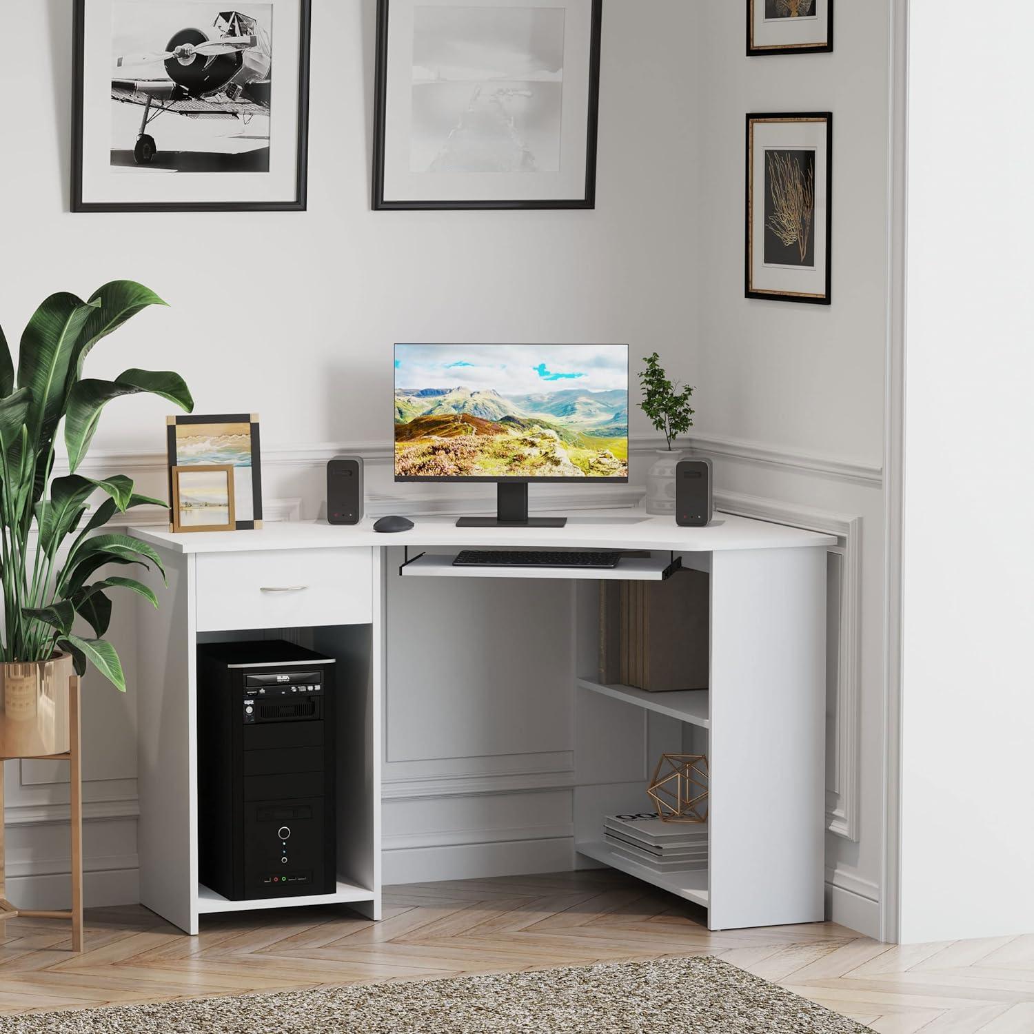 Corner Desk with Shelves and Keyboard Tray for Small Spaces - Furniture4Design