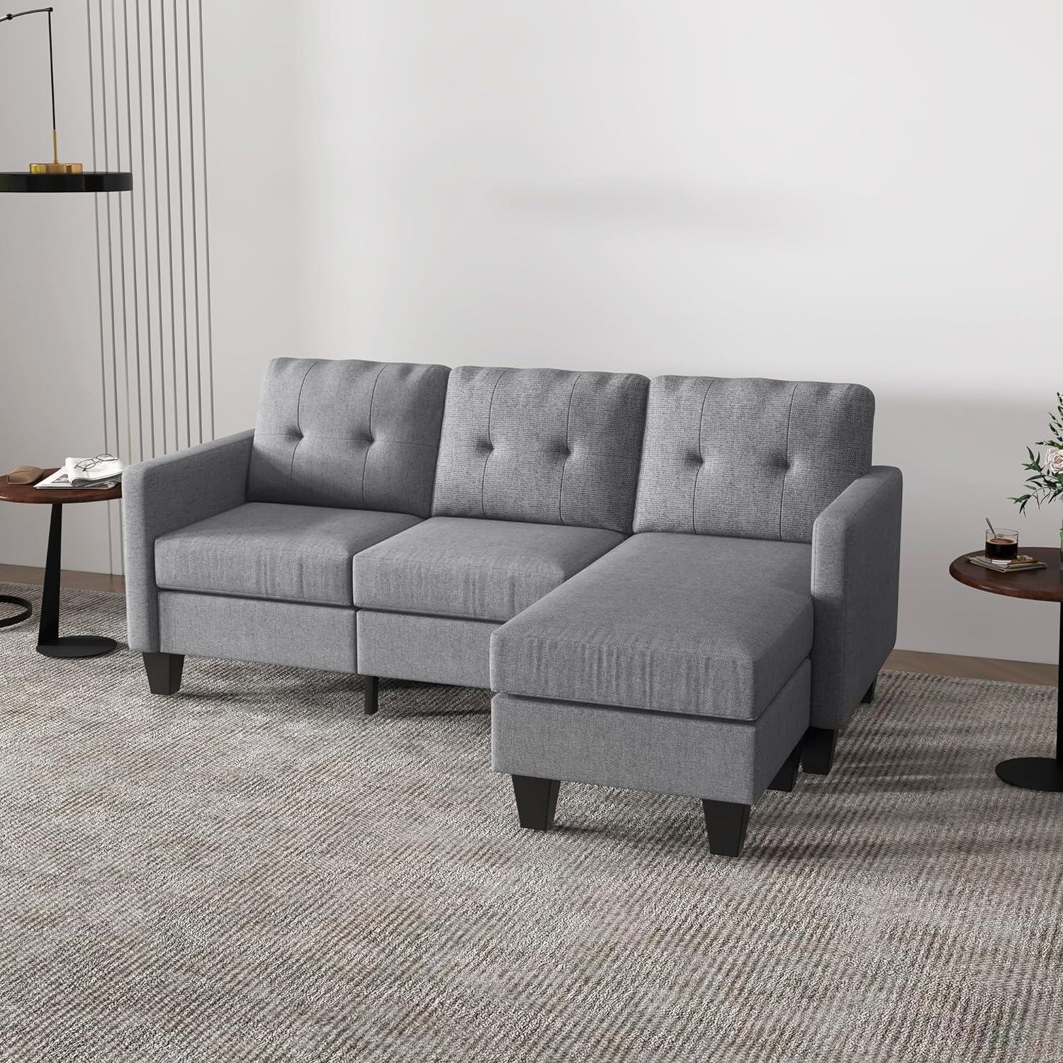 Elegant Light Grey L-Shaped Corner Sofa with Switchable Ottoman and Thick Padded Cushion - Furniture4Design