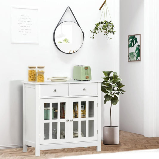 Elegant White Sideboard Buffet Cabinet with Glass Doors and Drawers - Furniture4Design