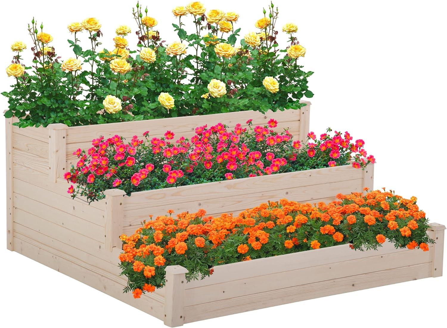 Elevated 3-Tier Wooden Garden Planter Box for Vegetables and Herbs - Furniture4Design