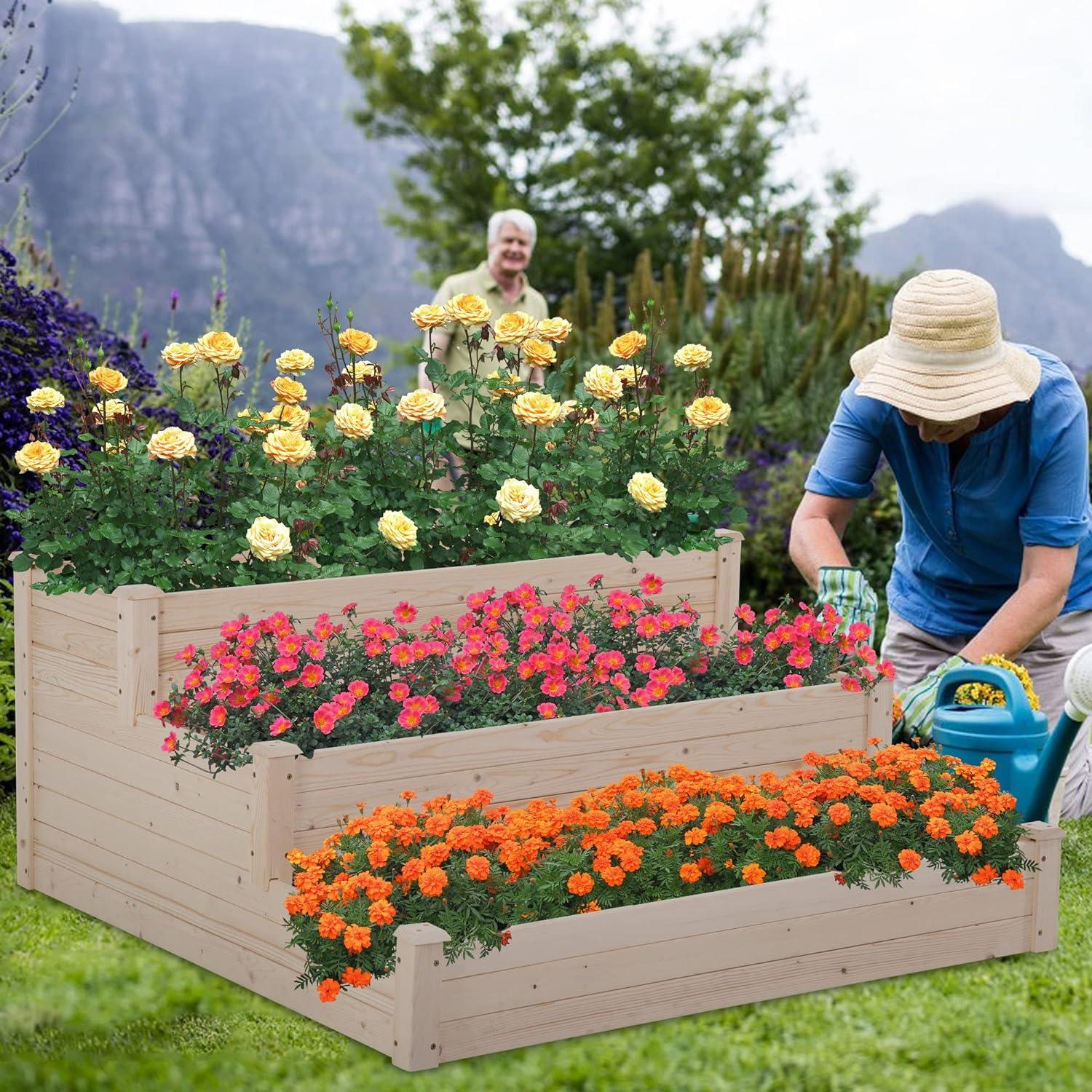 Elevated 3-Tier Wooden Garden Planter Box for Vegetables and Herbs - Furniture4Design