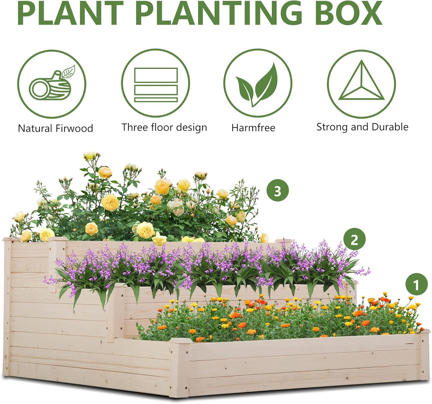 Elevated 3-Tier Wooden Garden Planter Box for Vegetables and Herbs - Furniture4Design