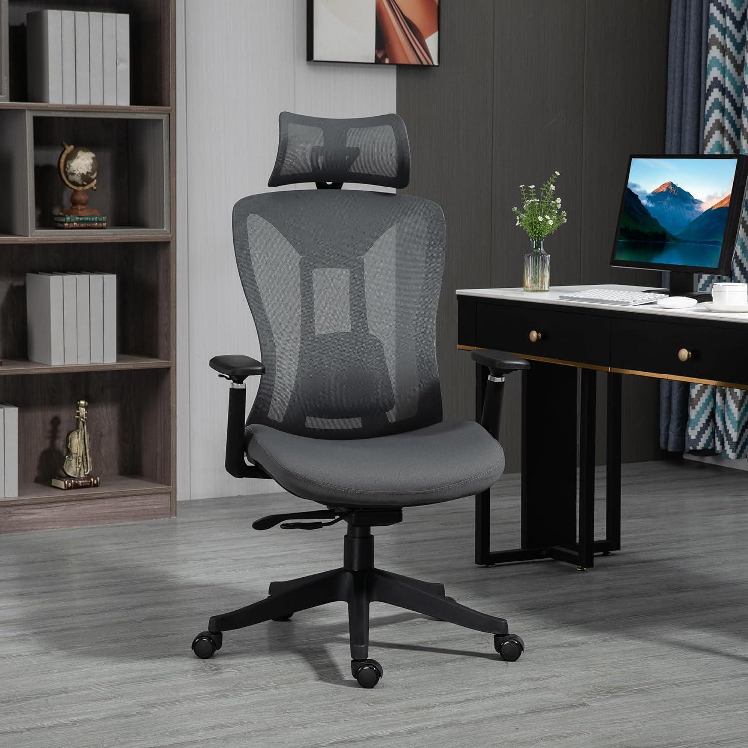 Ergonomic High Back Mesh Office Chair with Adjustable Headrest and Lumbar Support, Grey - Furniture4Design