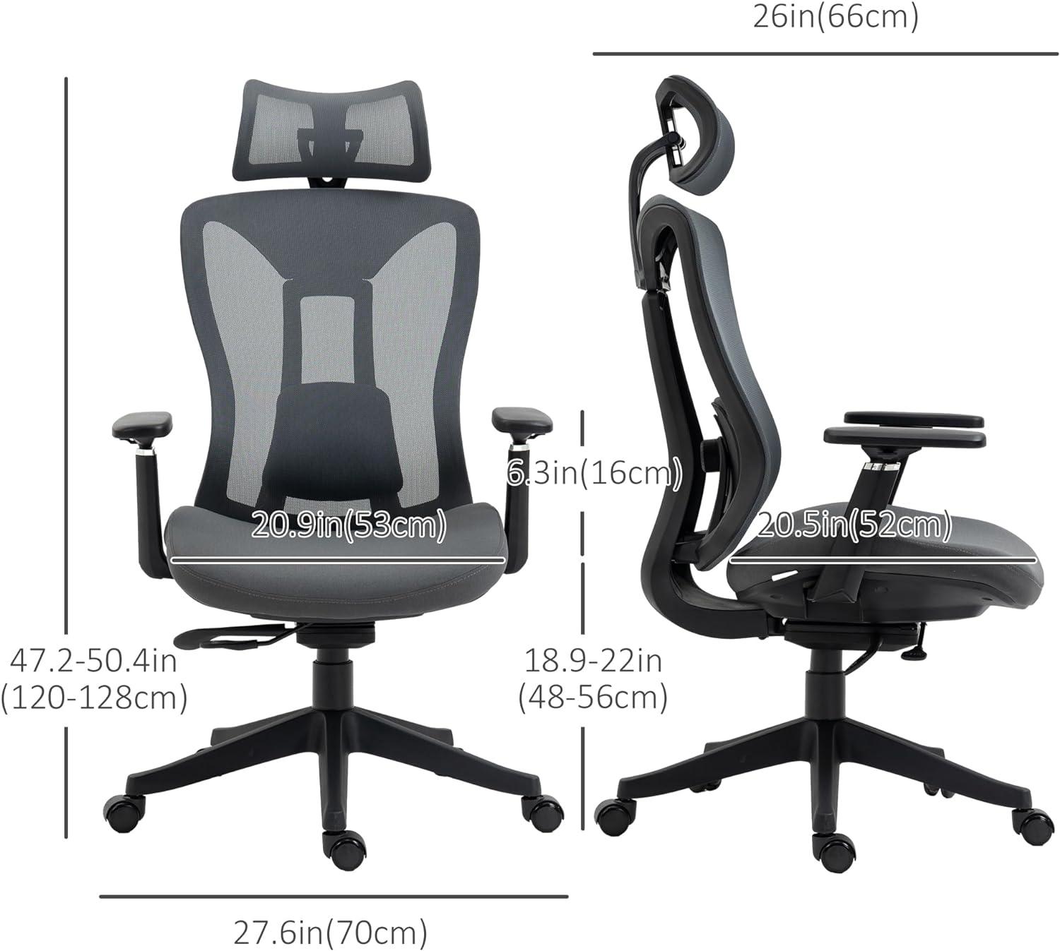 Ergonomic High Back Mesh Office Chair with Adjustable Headrest and Lumbar Support, Grey - Furniture4Design