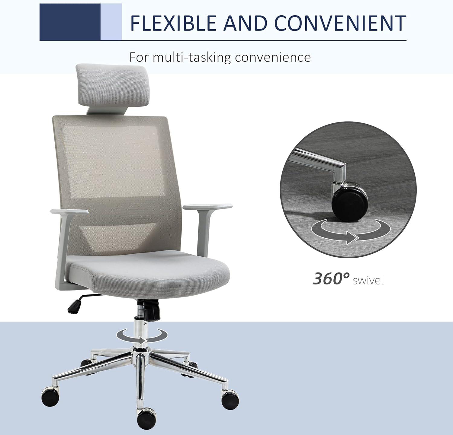 Ergonomic High Back Mesh Office Chair with Adjustable Lumbar Support, Headrest, and Rocking Function - Grey - Furniture4Design