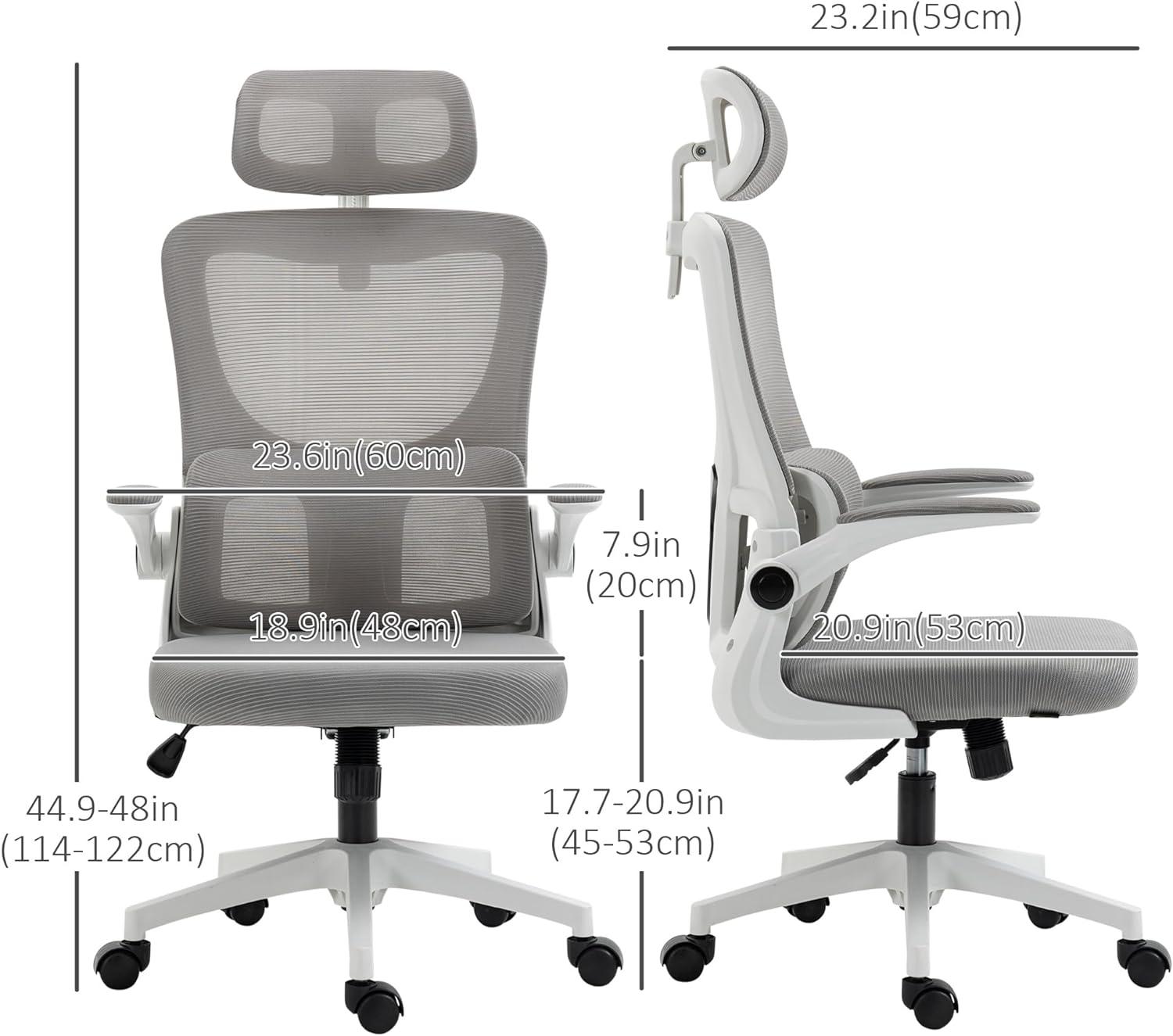 Ergonomic High Back Office Chair with Adjustable Headrest, Lumbar Support, and Height - Grey Mesh Computer Desk Chair - Furniture4Design