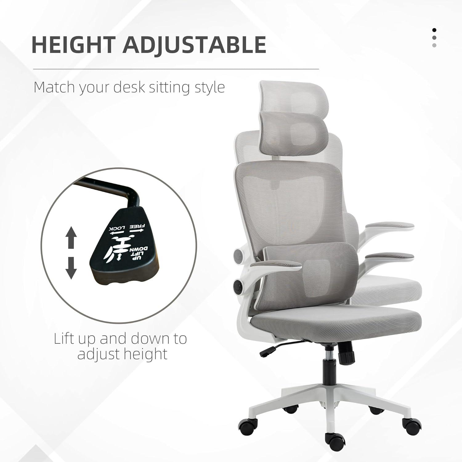 Ergonomic High Back Office Chair with Adjustable Headrest, Lumbar Support, and Height - Grey Mesh Computer Desk Chair - Furniture4Design