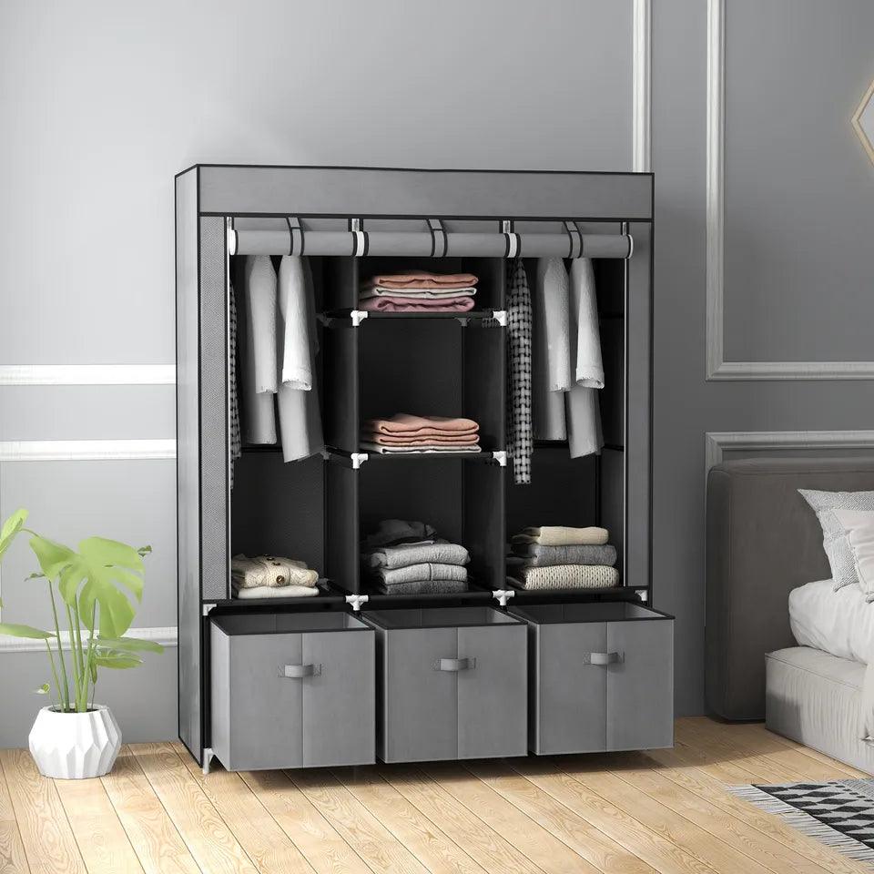 Fabric Wardrobe with 5 Shelves 2 Clothes Hanging Rails 3 Fabric Drawers Grey - Furniture4Design