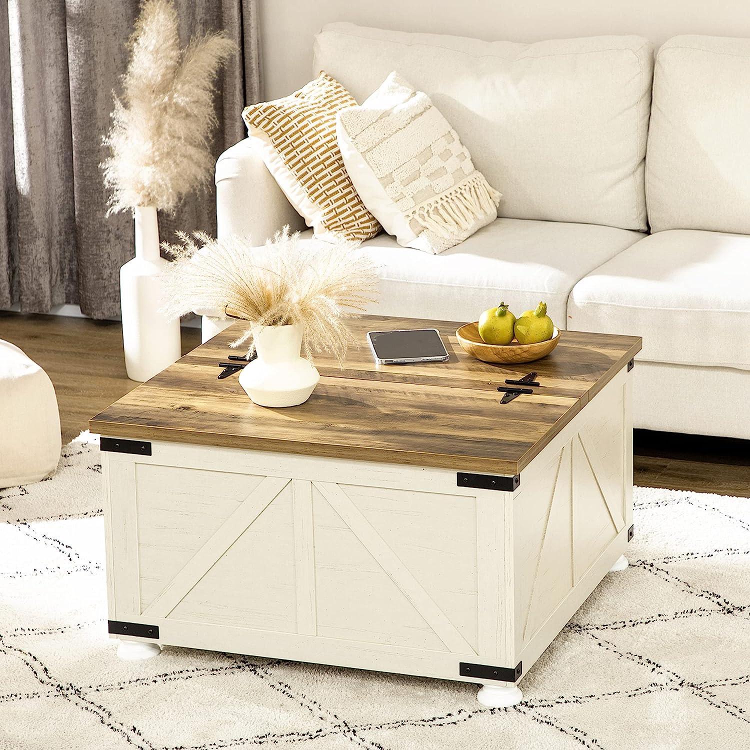 Farmhouse Square Coffee Table with Hidden Storage, Antique White - Furniture4Design