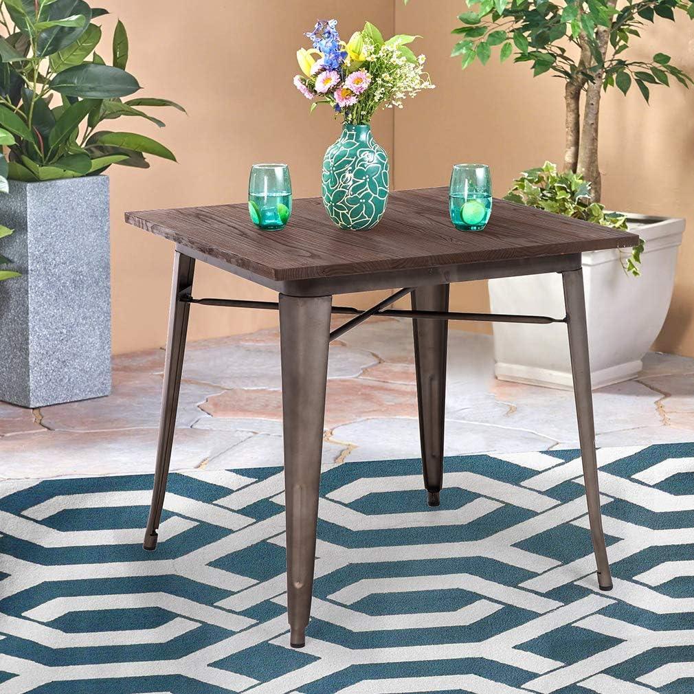 Farmhouse Style Wood Top Metal Base Dining Table, Bronze - Furniture4Design