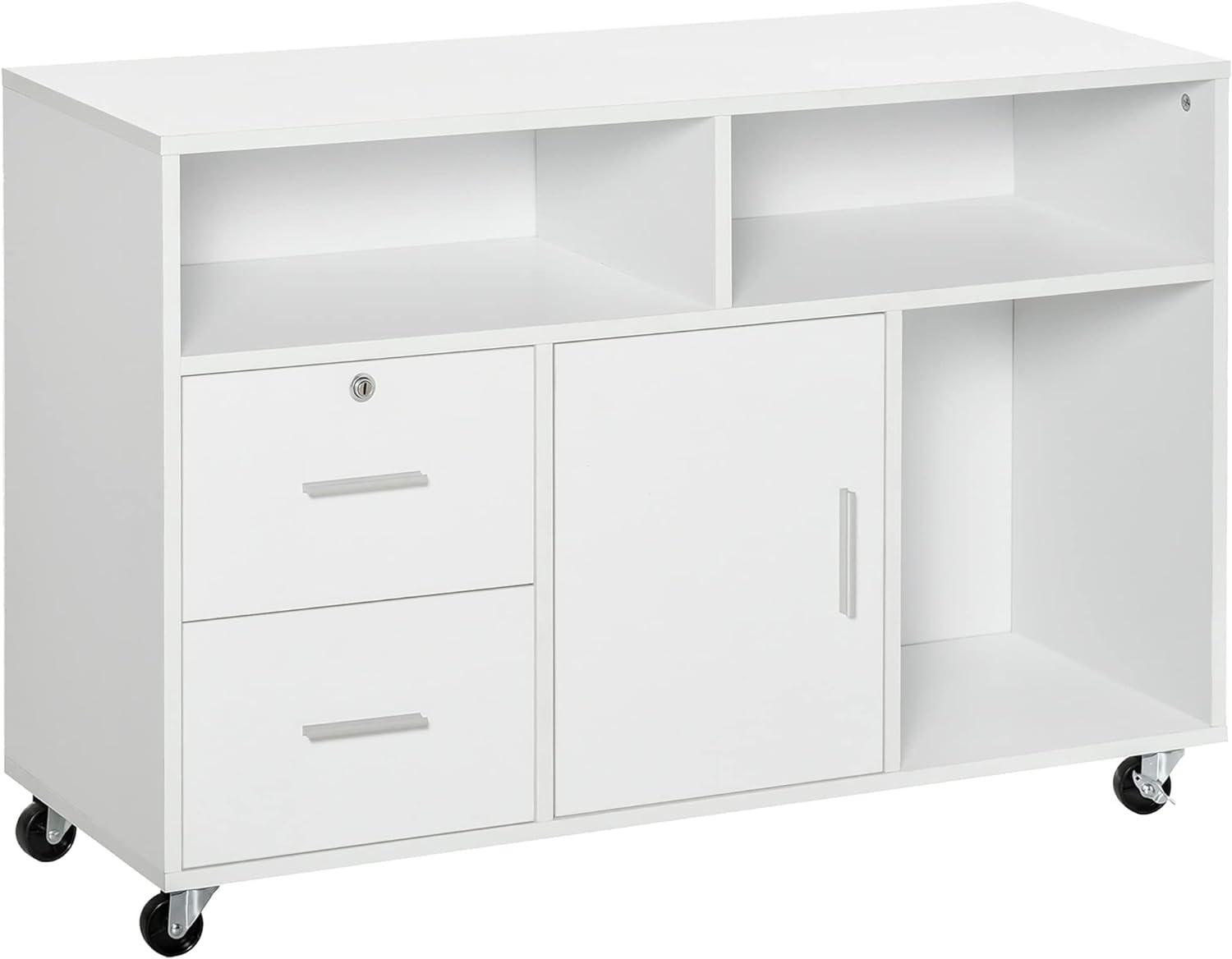 File Cabinet and Printer Stand with Lockable Drawer and Wheels, White - Furniture4Design